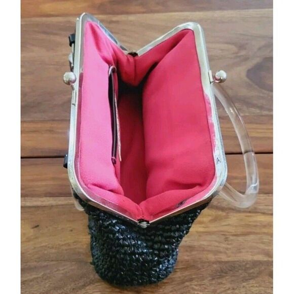 Trina Turk Woven Nylon Raffia Purse Black and Silver With Clear Handle - Picture 4 of 10